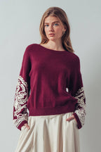 Embroidered Sleeve Ivory Knit Sweater