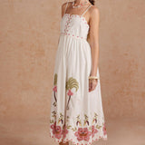 Embroidered Palm & Floral Scalloped Midi Dress