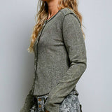 Vintage Washing Solid Metal Button Down Thermal Knit Top