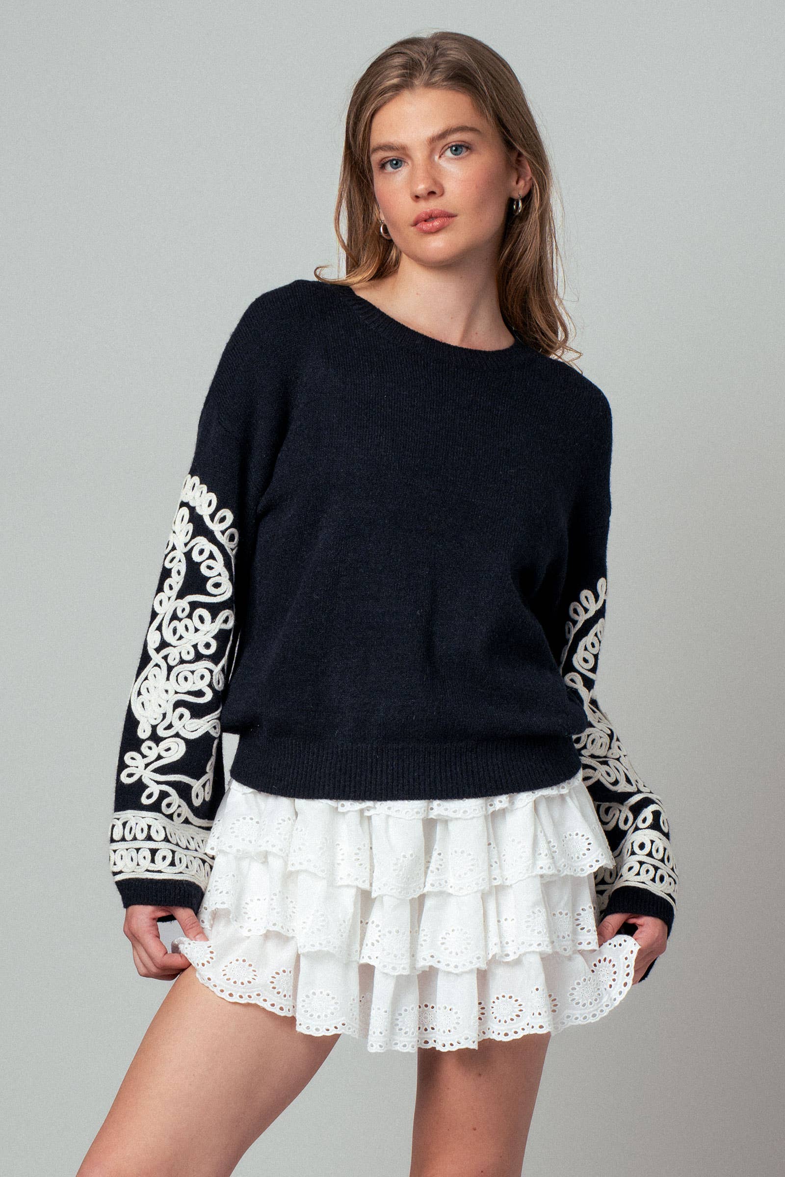 Embroidered Sleeve Ivory Knit Sweater