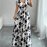 Smocked Waist Cap Sleeve Floral Print Maxi Dress