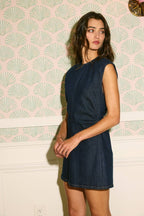 Ruched Waist Mini Denim Dress