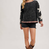 Star Sleeved Washed Knit Pullover
