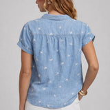 FLORAL EMBROIDERED BUTTON DOWN SHIRT TOP