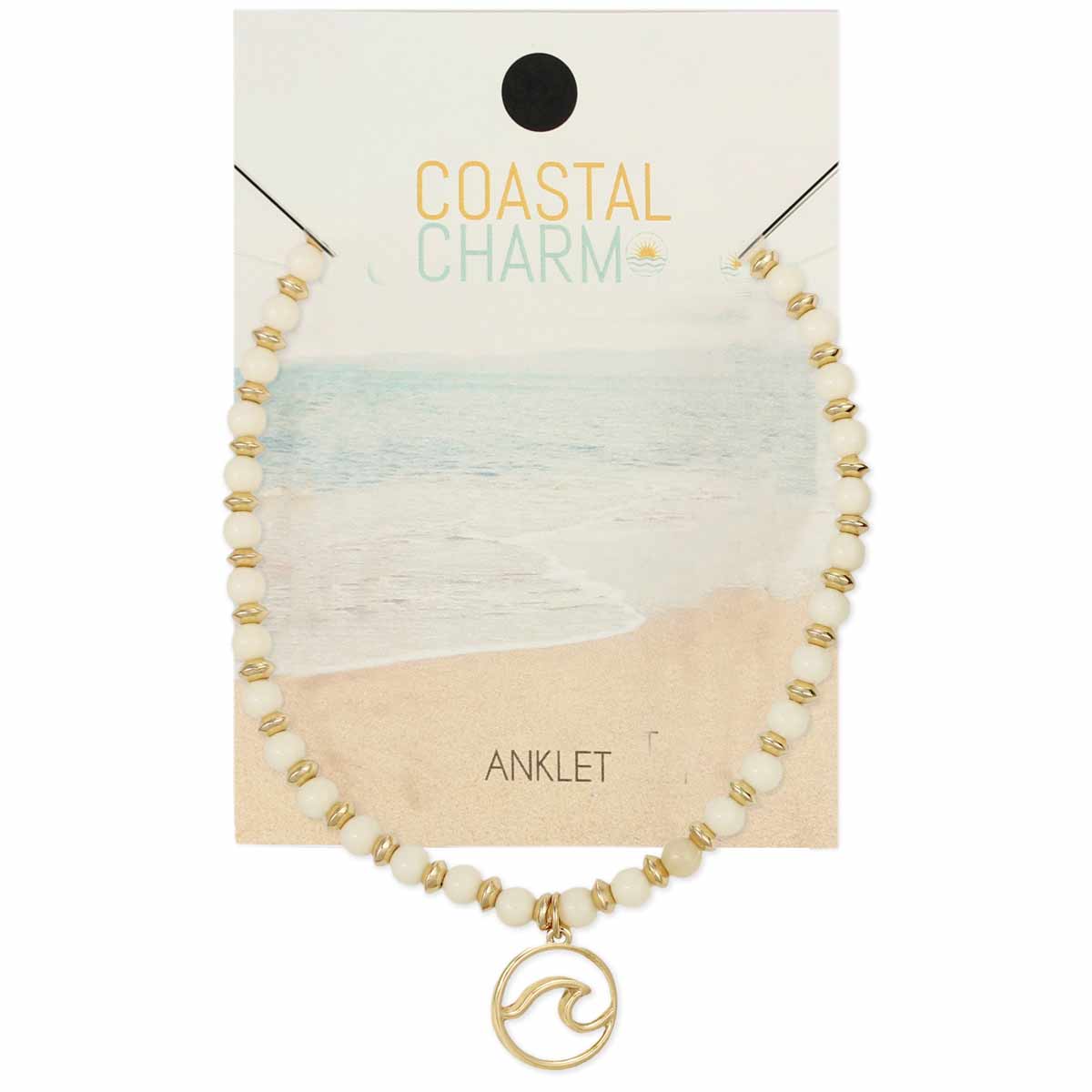 Wave Charm White & Gold Bead Anklet
