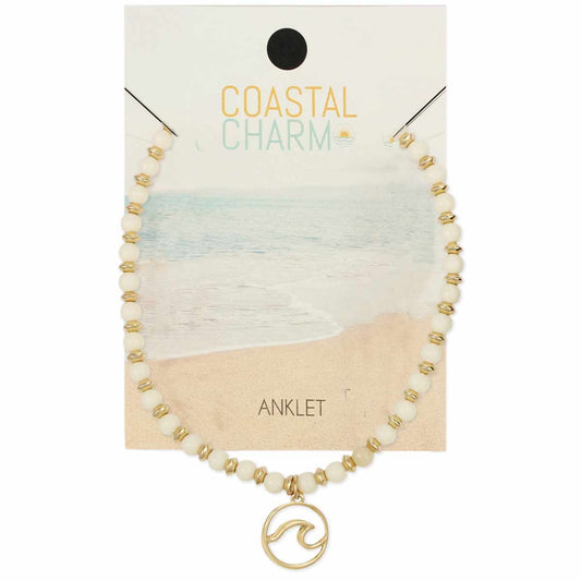Wave Charm White & Gold Bead Anklet