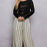 Long Sleeve Round Neck Lace Texture Knit Slim Fit Top