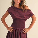 ID9559  OFF SHOULDER SMOCKED WAIST MINI DRESS