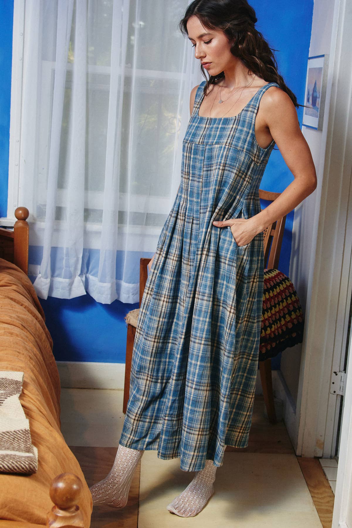 Plaid Cotton Midi Dress