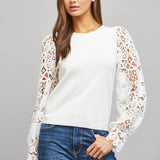 CONTRAST FLORAL LACE PUFF SLV CREW NECKLINE SWEATER FW11191