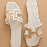 The Ena | White H Cutout Raffia Slide