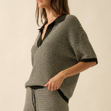 Striped Rib-Knit Collared Split-Neck Top