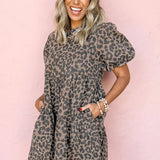 Leopard Print Denim Mini Dress with Pockets