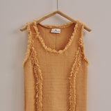Frayed Trim Textured Knit Sleeveless Top
