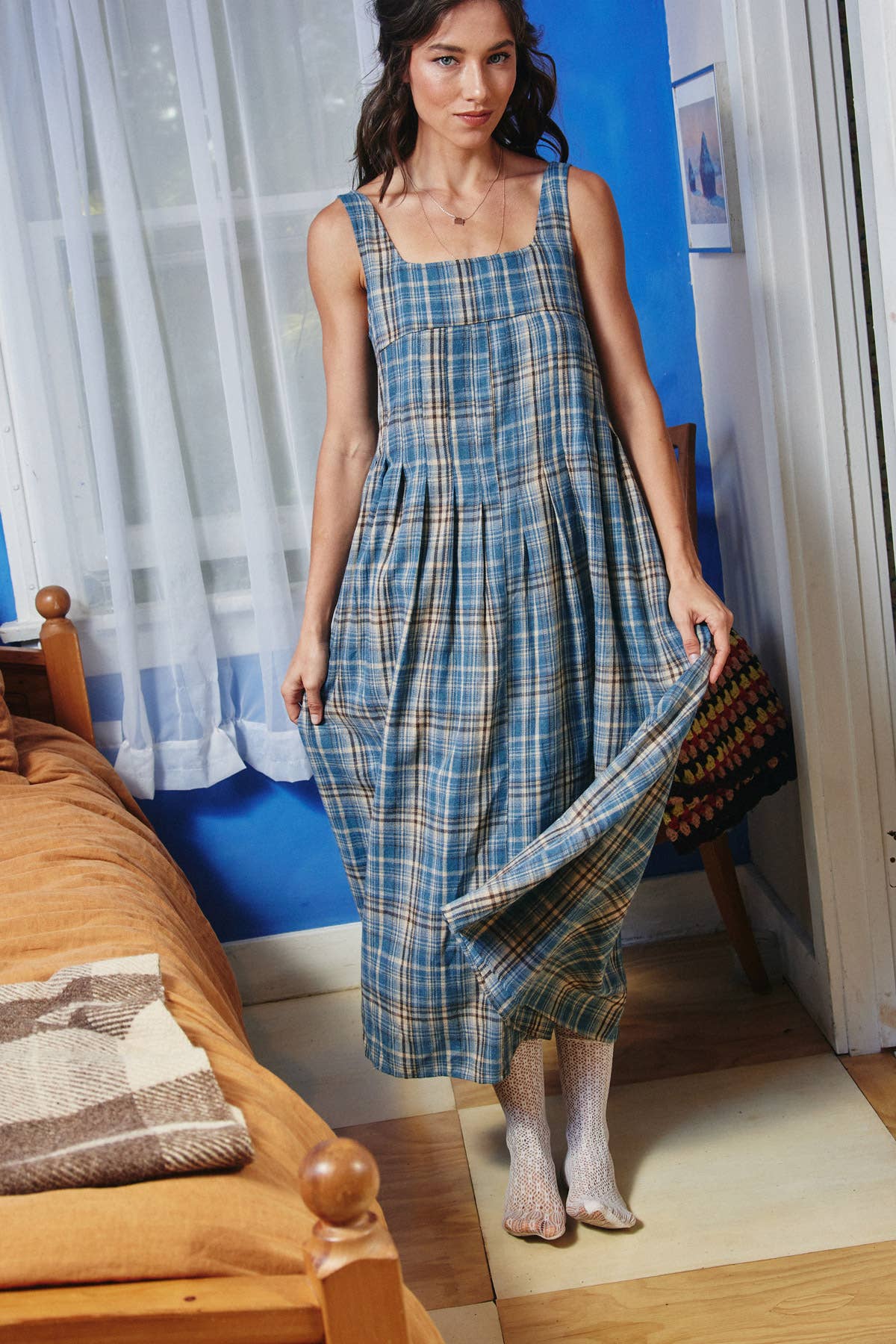 Plaid Cotton Midi Dress