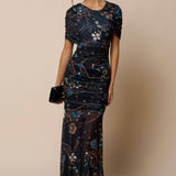 Printed Asymmetrical Mesh Ruched Maxi Dress