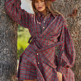 ASYMMETRICAL RUCHED DETAILING PLAID WRAP SHIRT DRESS FD31556