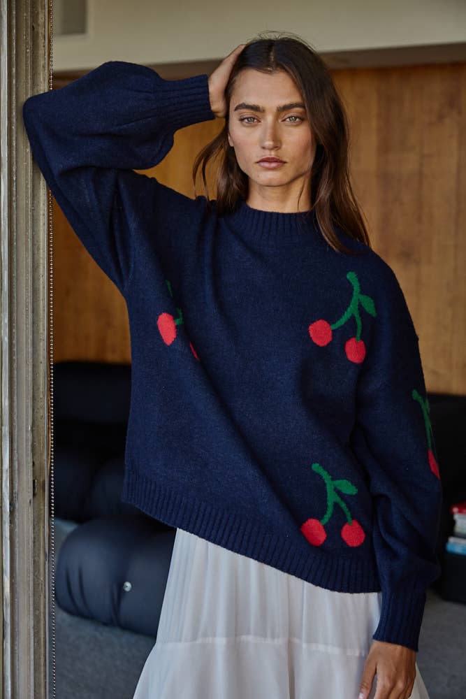 Cherry Detail Mock Neck Sweater