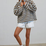 T3535 Relaxed Sherpa Striped Half Zip Pullover