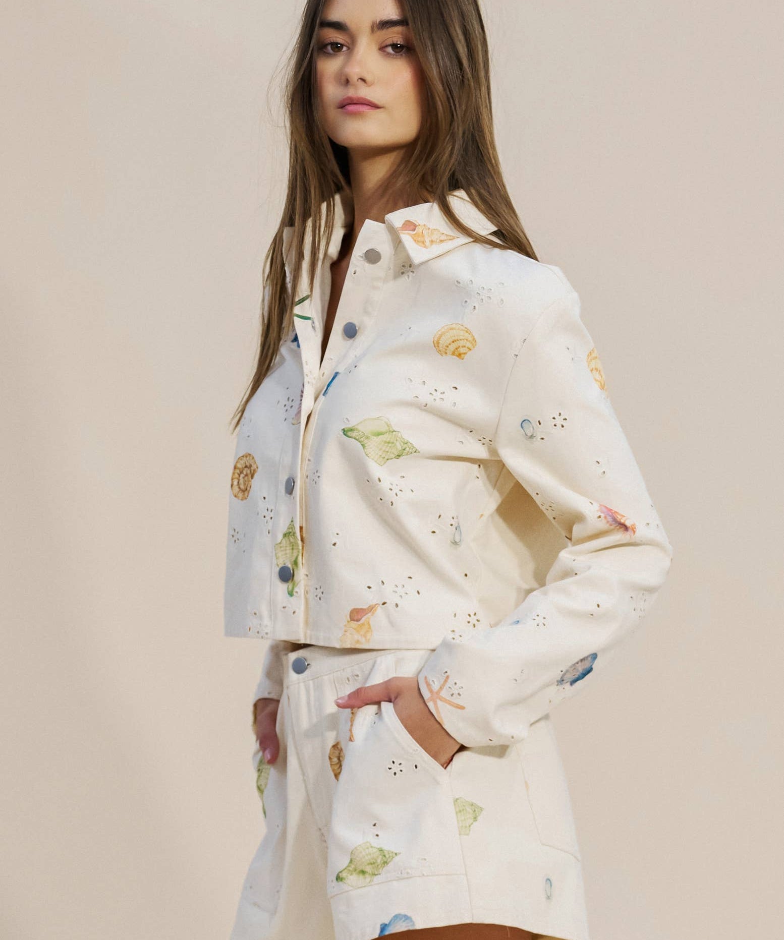 Printed Shell and Starfish Cropped Jacket