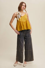 Wide-Leg Denim Drawstring Pants