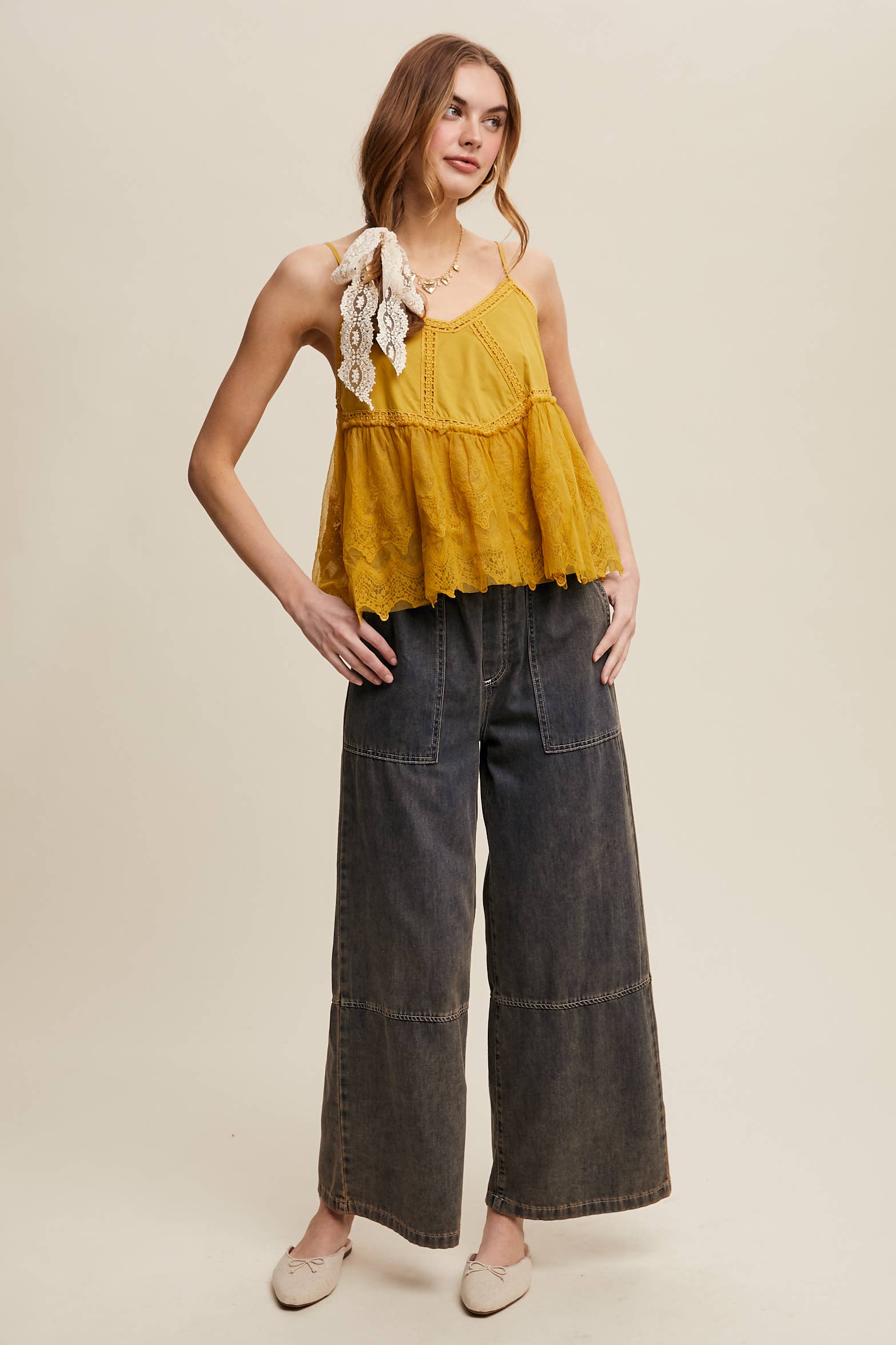 Wide-Leg Denim Drawstring Pants