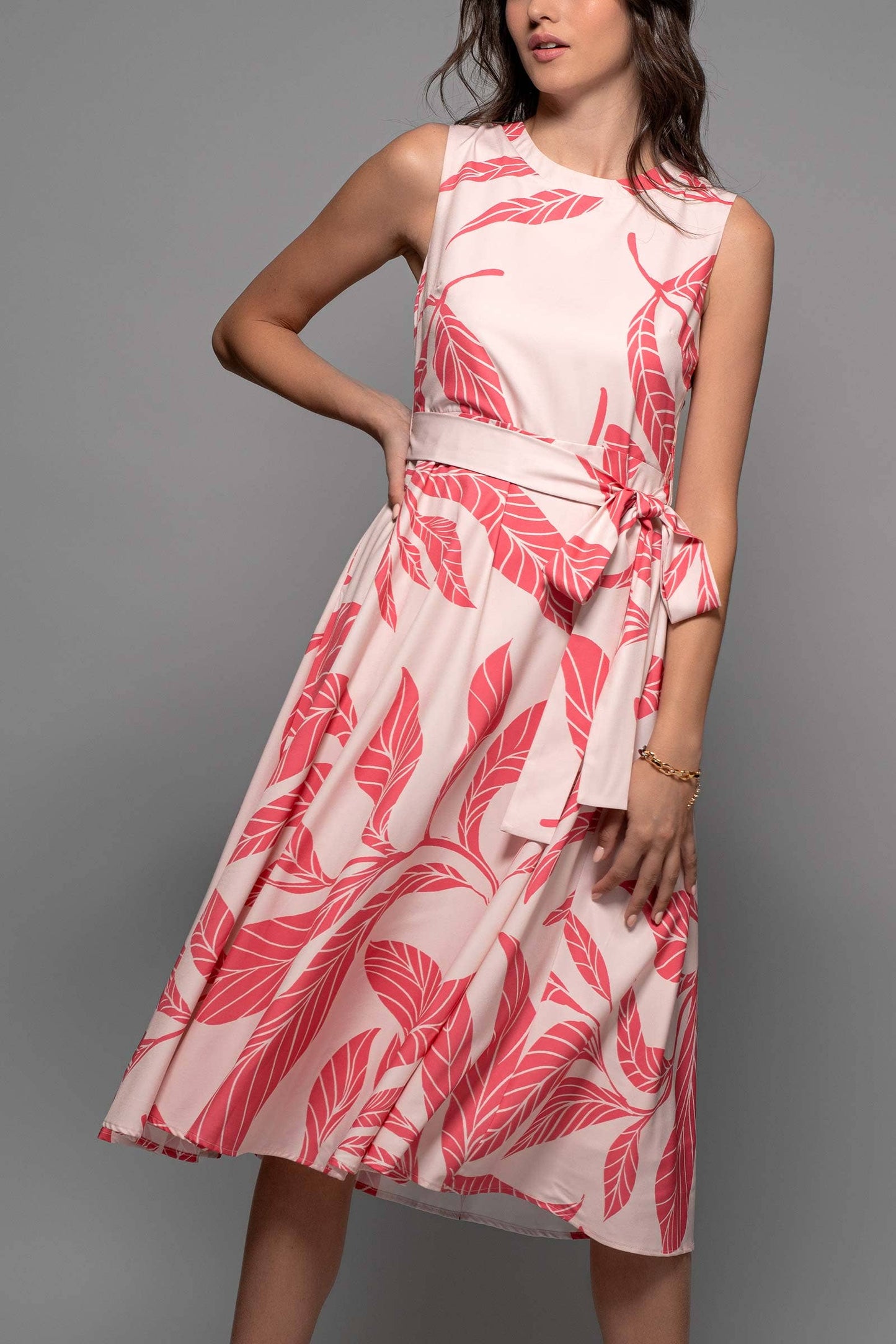 Tropical Leaf Print Belted A-Line Midi Dress