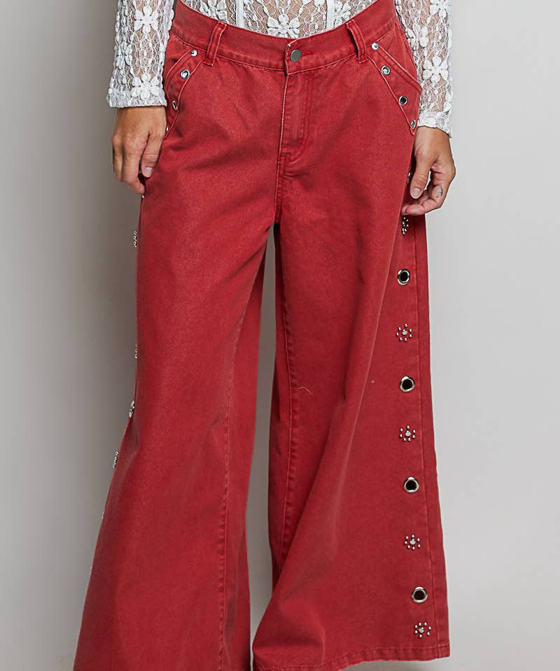 Low Rise Eyelet Studded Wide Leg Street Pants