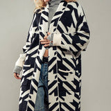 Exaggerated Houndstooth Open Front Knit Cardigan