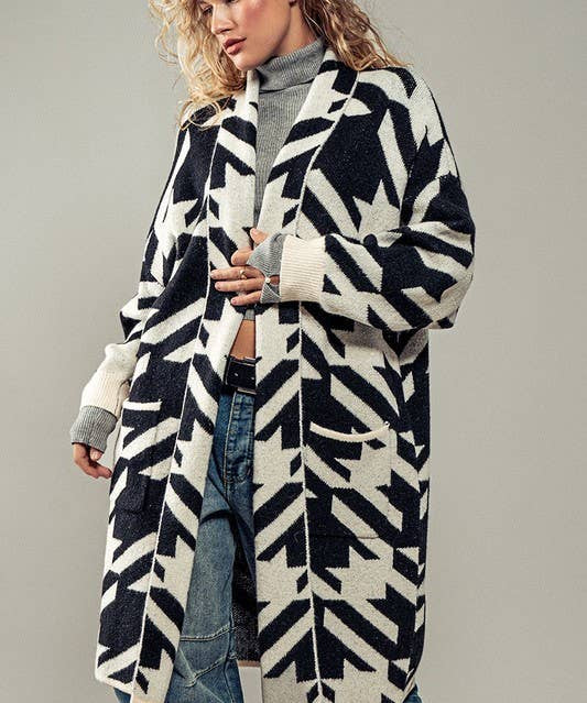 Exaggerated Houndstooth Open Front Knit Cardigan