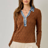 61698 Denim Mix Textured Knit Henley Top