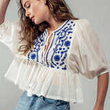 Blue & White Tassel Ruffled Blouse