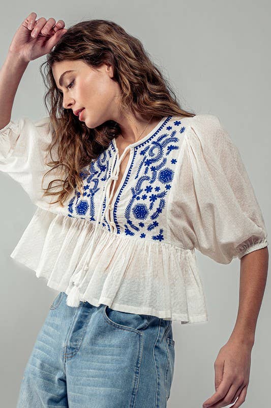 Blue & White Tassel Ruffled Blouse