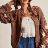 Hand Knit Floral Bobble Sleeve Cardigan LSW1097