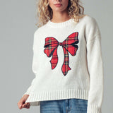 Plaid Bow Patch  Knit Sweater