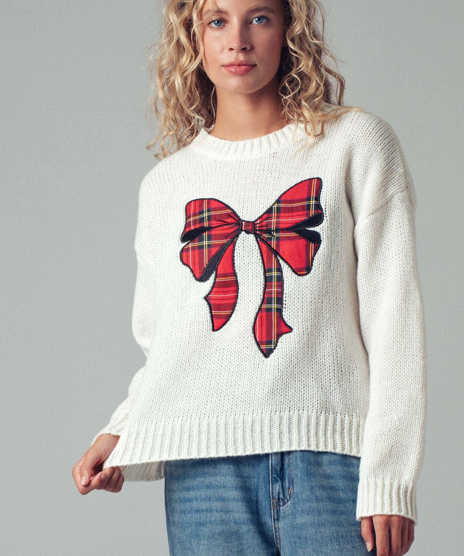 Plaid Bow Patch  Knit Sweater
