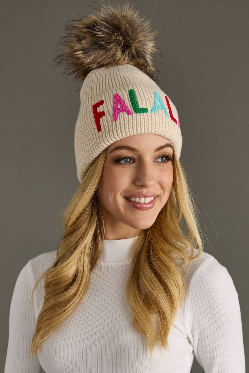 Beige "Fa-La-La" Knit Pom Hat