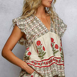 V-Neck Floral Pattern Ruffle Sleeve Top