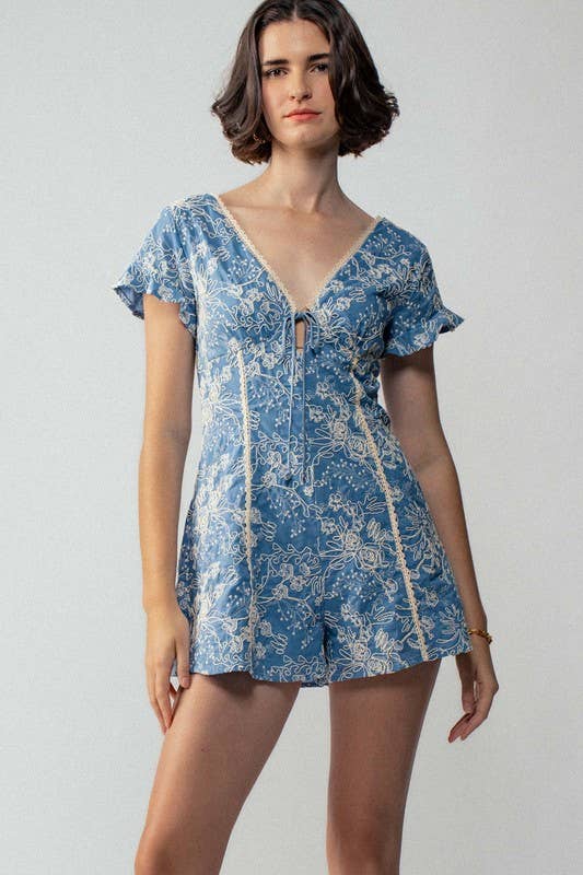Embroidered Flutter Sleeve Romper