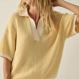 Striped Rib-Knit Collared Split-Neck Top