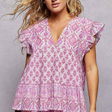 V-Neck Floral Pattern Ruffle Sleeve Top