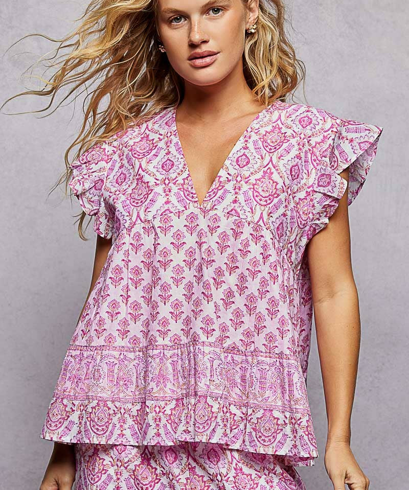 V-Neck Floral Pattern Ruffle Sleeve Top