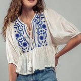 Blue & White Tassel Ruffled Blouse
