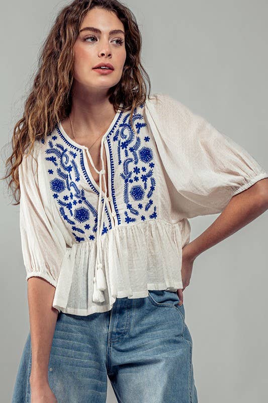V-Neck Tassel Ruffled Blouse