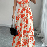 Smocked Waist Cap Sleeve Floral Print Maxi Dress