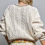 Cable Knit Crewneck Contrast Trim Sweater Top