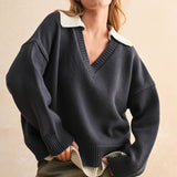 T5147   COLOR COMBO V-NECK SWEATER TOP