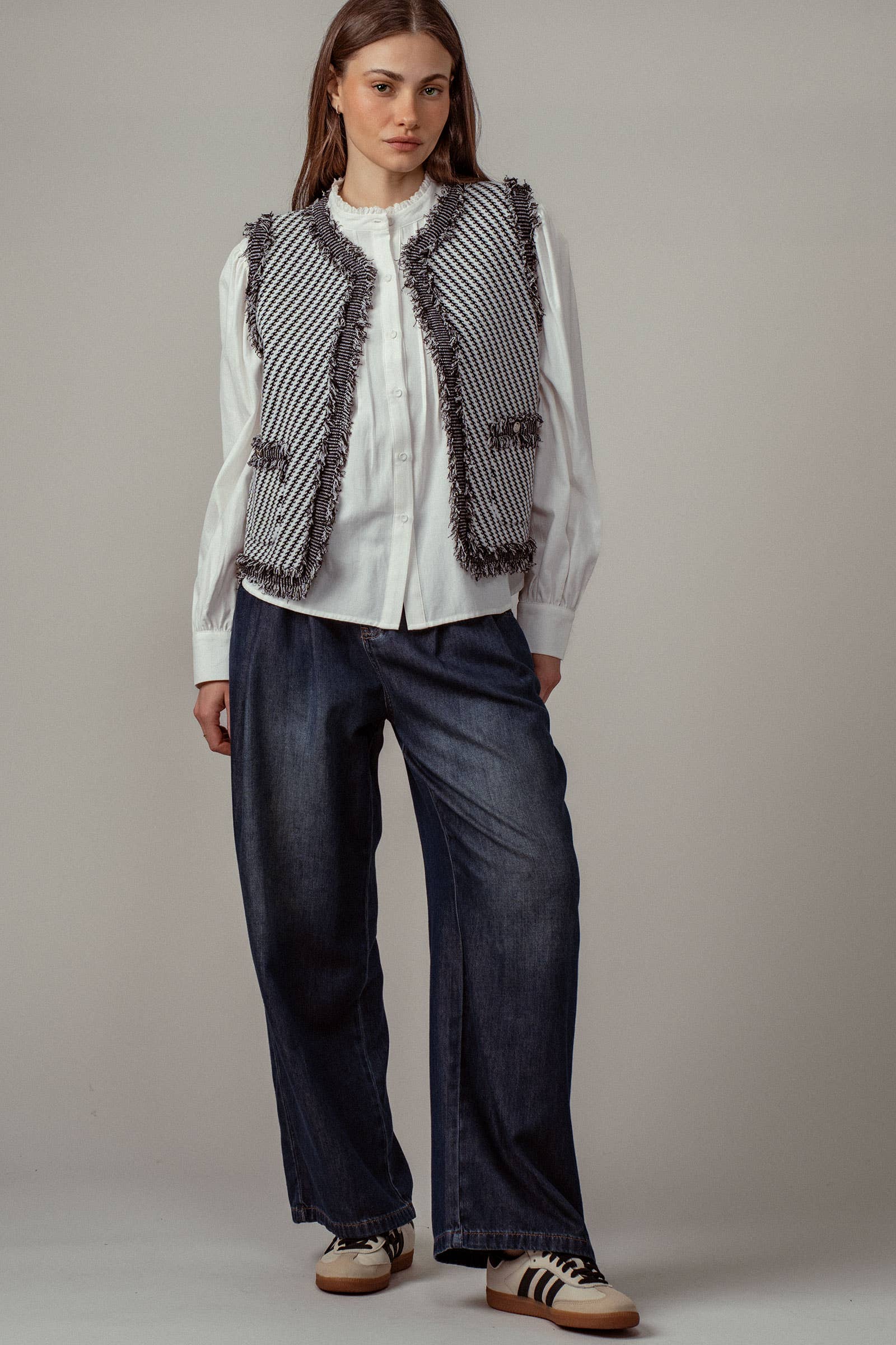 Pleated Wide-Leg Denim Pants