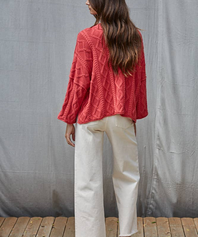 Quarter Sleeve Loose Cable Knit Sweater
