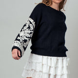 Embroidered Sleeve Ivory Knit Sweater